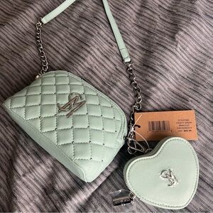 Steve Madden silver & teal crossbody bag purse with heart keychain wallet - NWT